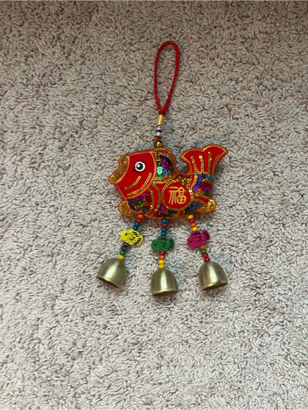 Red Embroidered Fish Hanging Ornament with Brass Bells